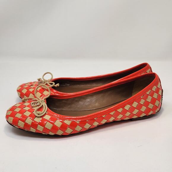 Tory Burch Prescott Ballet Flats Neon Orange Patent Leather Woven Size 8.5 M - Picture 5 of 9